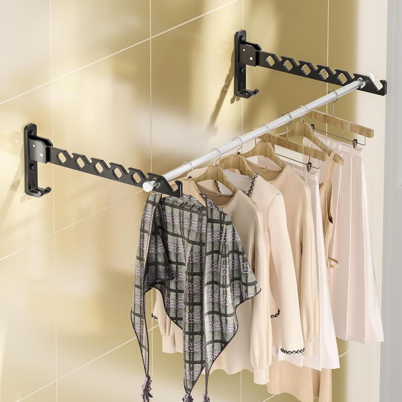 Dr.DJ Wall Mount Coat Hanger Holder Black Clothes Drying Organizer Rack Garment Hooks Aluminium Retractable Folding Indoor Wall Mounted Hanger for Laundry Room Bedroom Black 2Pack with 80cm Rod - Image 1
